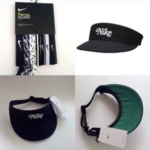 Nike Golf Dry Fit Tall Black Visor And Nike 9PCS Black White Pony Holder Bundle